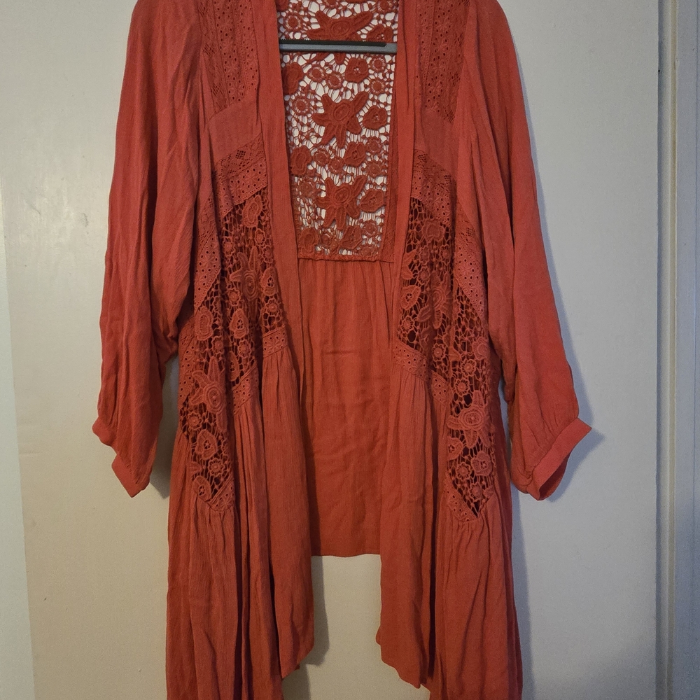 Coral Kimono-style Cardigan With Lace Detail